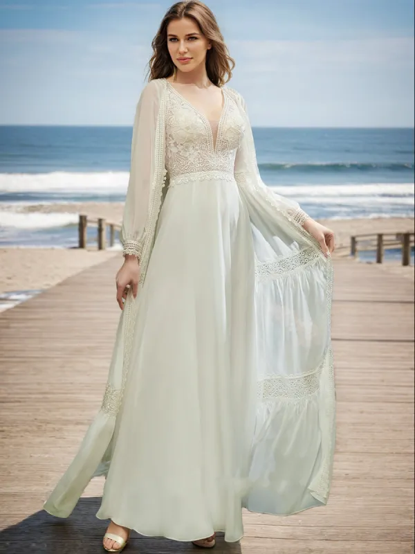 A-Line/Princess V-Neck Long Sleeves Lace Wedding Dresses sold by Lavetir