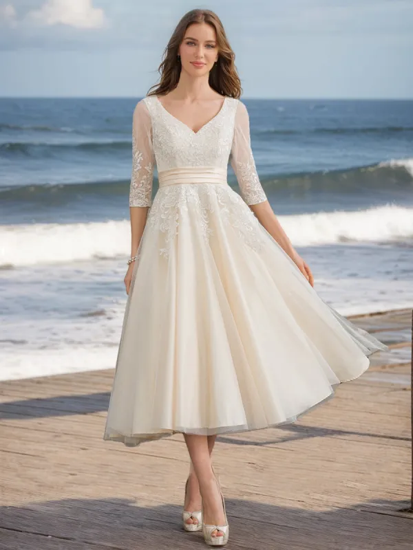 Ball Gown V-Neck Half Sleeves Lace Wedding Dresses sold by Lavetir