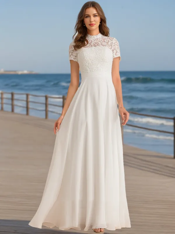 A-Line/Princess High Neck Short Sleeves Lace Wedding Dresses sold by Lavetir