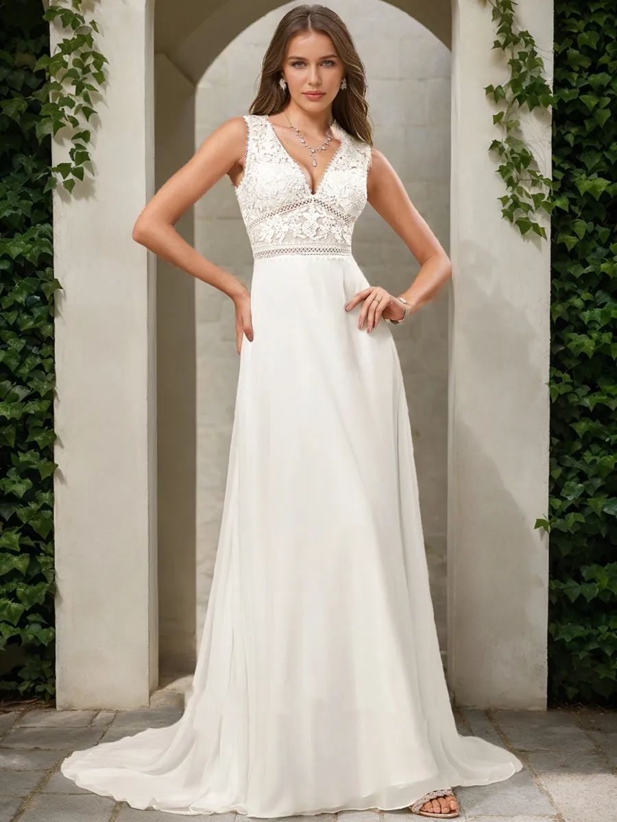 A-Line/Princess V-Neck Sleeveless Lace Wedding Dresses sold by Lavetir