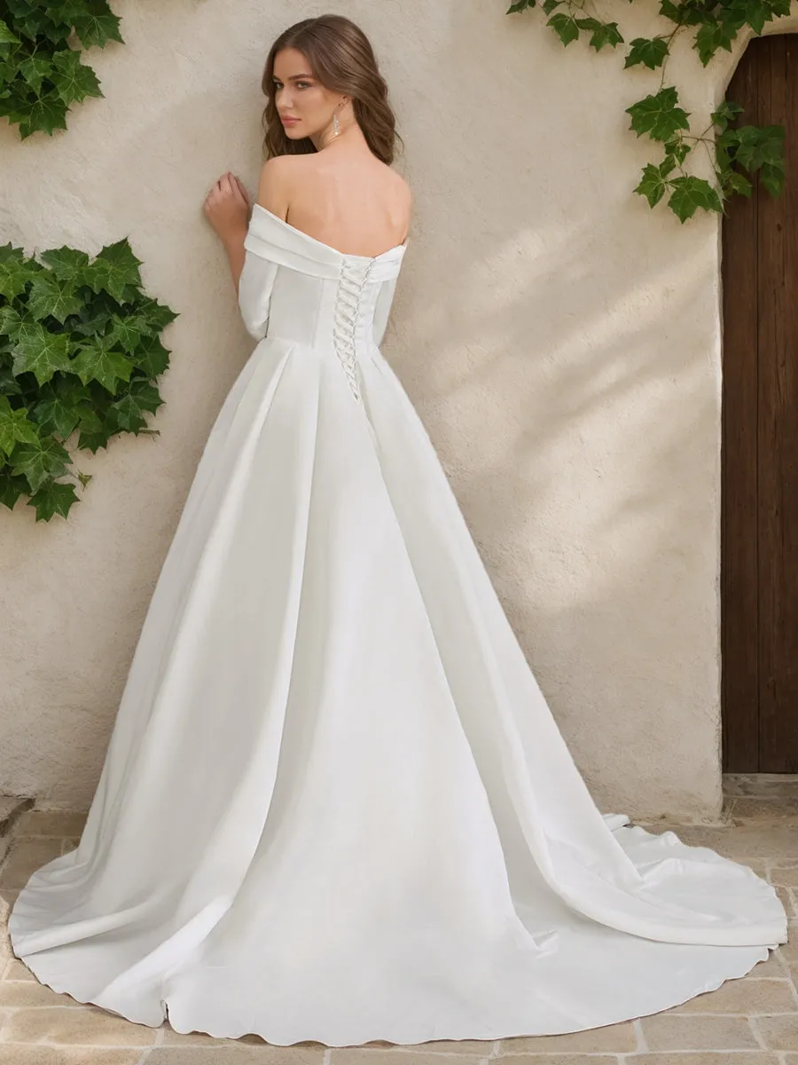 A-Line/Princess Off-the-Shoulder Half Sleeves Ruched Wedding Dresses sold by Lavetir product image thumbnail 2