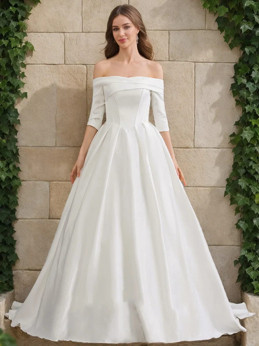 A-Line/Princess Off-the-Shoulder Half Sleeves Ruched Wedding Dresses sold by Lavetir