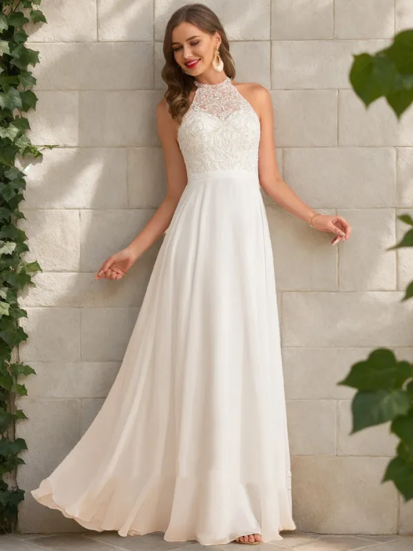 A-Line/Princess High Neck Sleeveless Sequins Wedding Dresses sold by Lavetir
