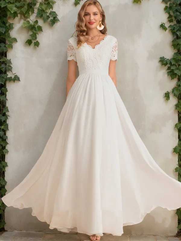 A-Line/Princess V-Neck Short Sleeves Lace Wedding Dresses sold by Lavetir