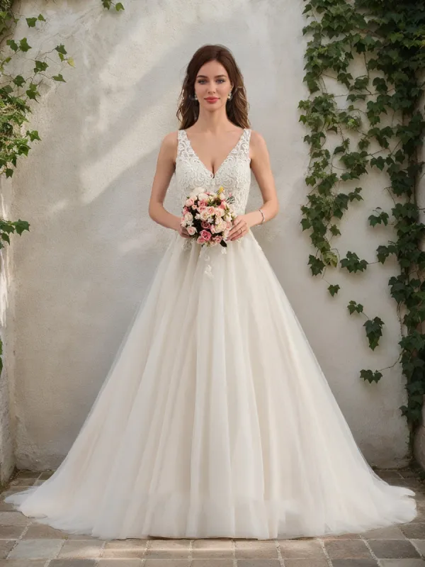 A-Line/Princess V-Neck Sleeveless Lace Wedding Dresses sold by Lavetir