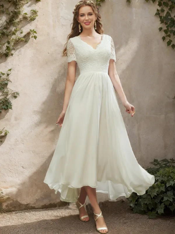 A-Line/Princess V-Neck Short Sleeves Lace Wedding Dresses sold by Lavetir