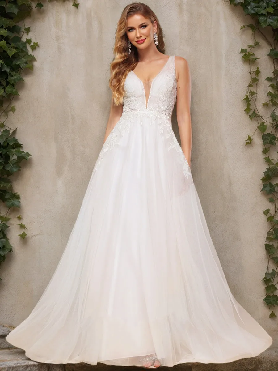 A-Line/Princess V-Neck Sleeveless Sequins Wedding Dresses sold by Lavetir