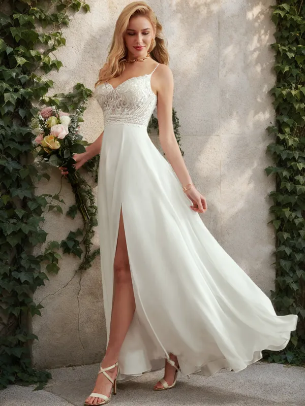 A-Line/Princess V-Neck Sleeveless Split Side Wedding Dresses sold by Lavetir