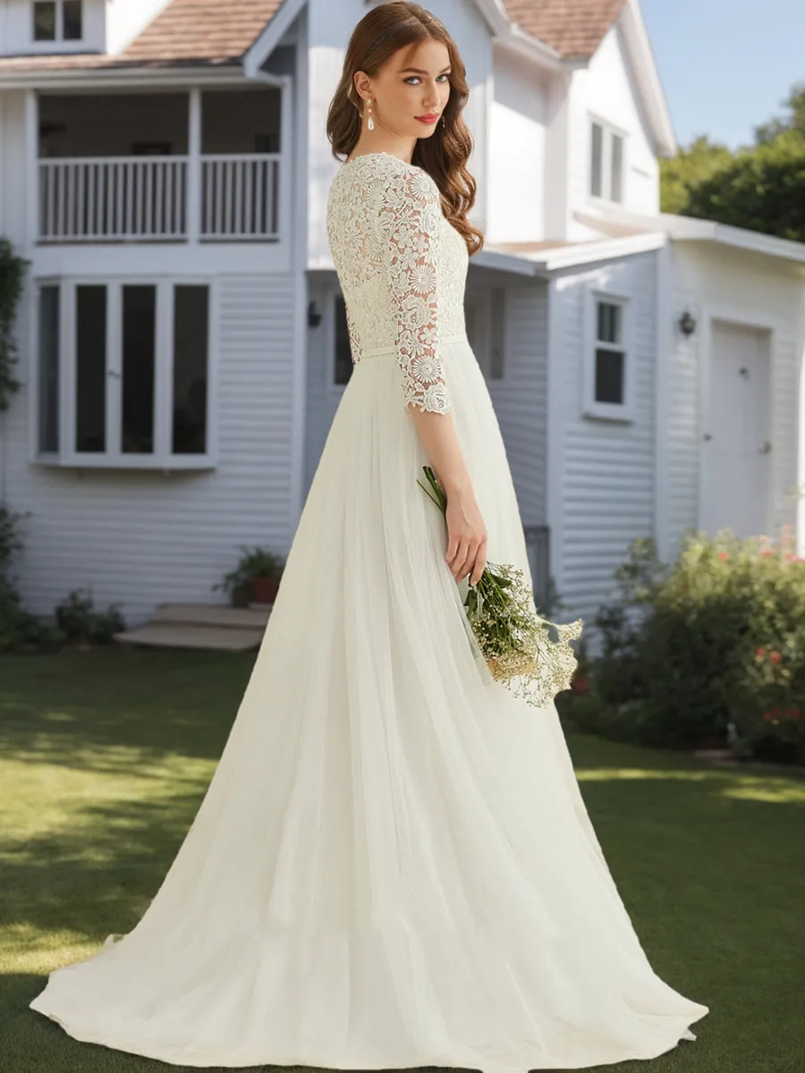 A-Line/Princess Scoop 3/4 Sleeves Lace Wedding Dresses sold by Lavetir product image thumbnail 2