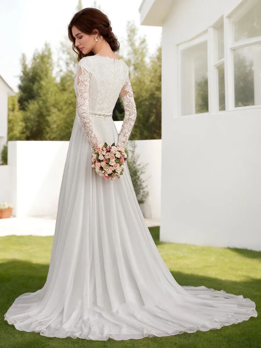 A-Line/Princess Scoop Long Sleeves Beading Wedding Dresses sold by Lavetir product image thumbnail 2