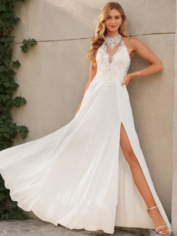 A-Line/Princess High Neck Sleeveless Lace Wedding Dresses sold by Lavetir