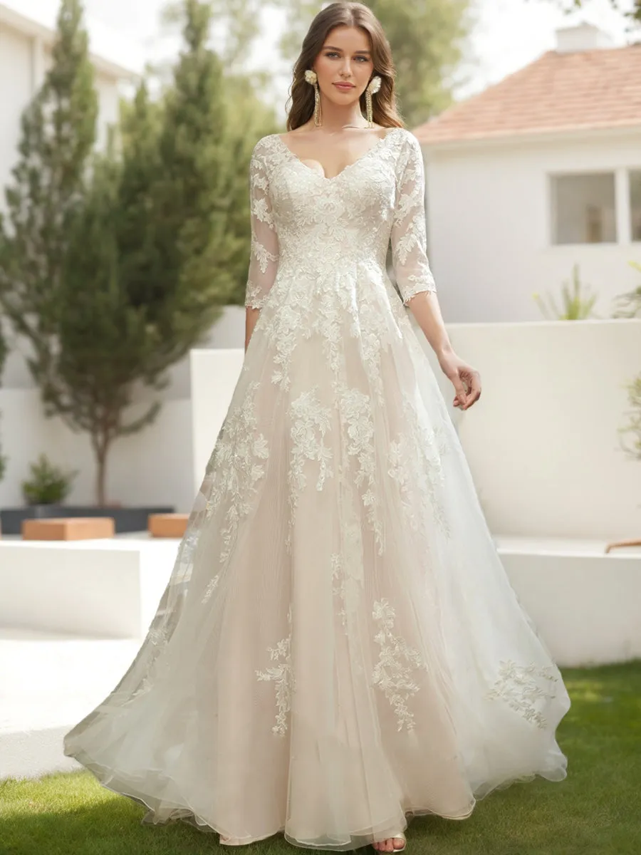 A-Line/Princess V-Neck 3/4 Sleeves Lace Wedding Dresses sold by Lavetir