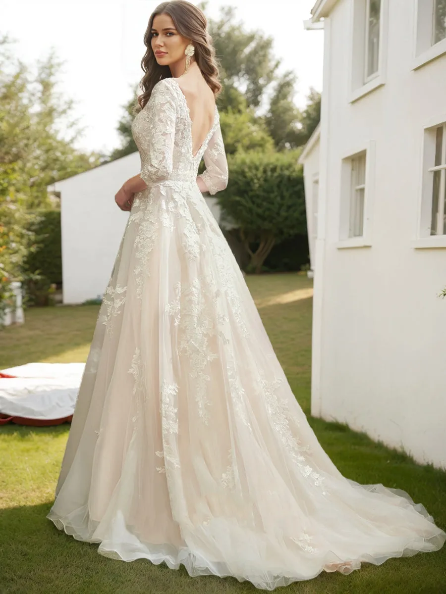 A-Line/Princess V-Neck 3/4 Sleeves Lace Wedding Dresses sold by Lavetir product image thumbnail 2