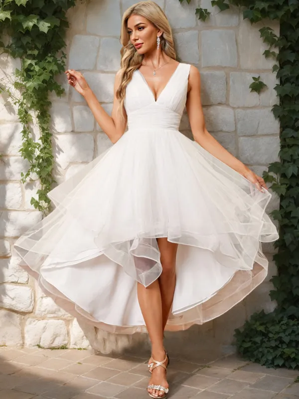 A-Line/Princess V-Neck Sleeveless Tiered Wedding Dresses sold by Lavetir