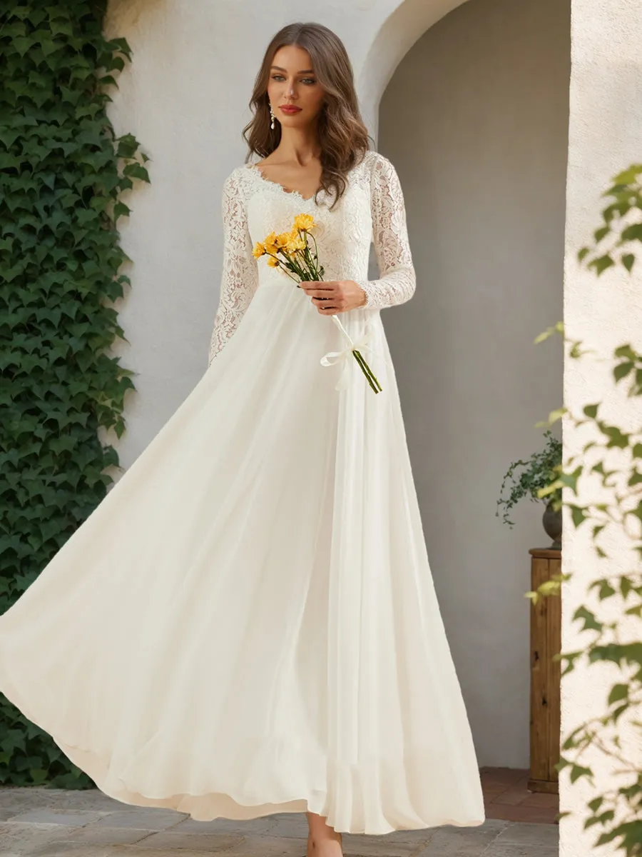A-Line/Princess V-Neck Long Sleeves Lace Wedding Dresses sold by Lavetir