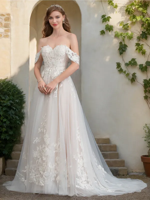A-Line/Princess Off-the-Shoulder Short Sleeves Lace Wedding Dresses sold by Lavetir