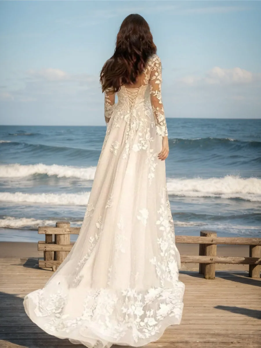 A-Line/Princess V-Neck Long Sleeves Lace Wedding Dresses sold by Lavetir product image thumbnail 2
