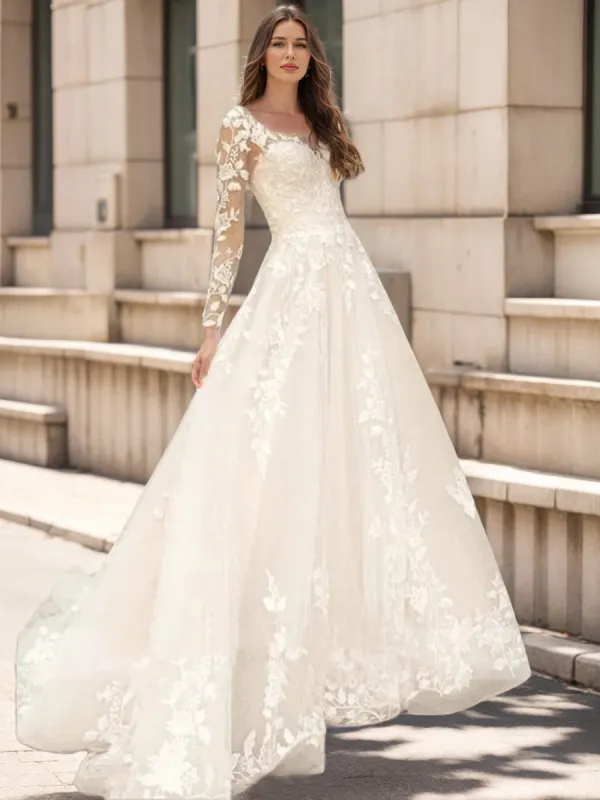 A-Line/Princess V-Neck Long Sleeves Lace Wedding Dresses sold by Lavetir