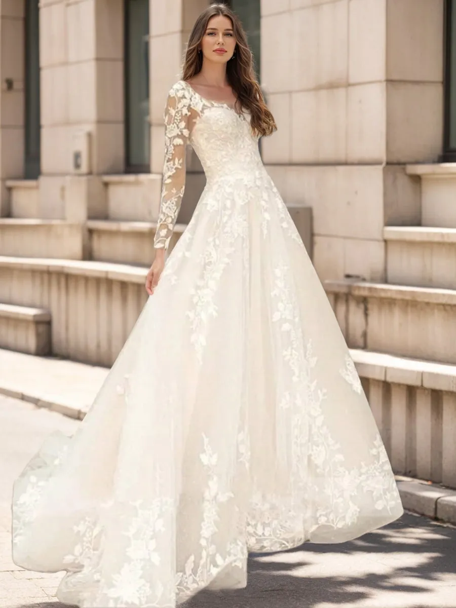 A-Line/Princess V-Neck Long Sleeves Lace Wedding Dresses sold by Lavetir