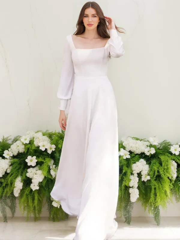 A-Line/Princess Square Neck Long Sleeves Ruched Wedding Dresses sold by Lavetir