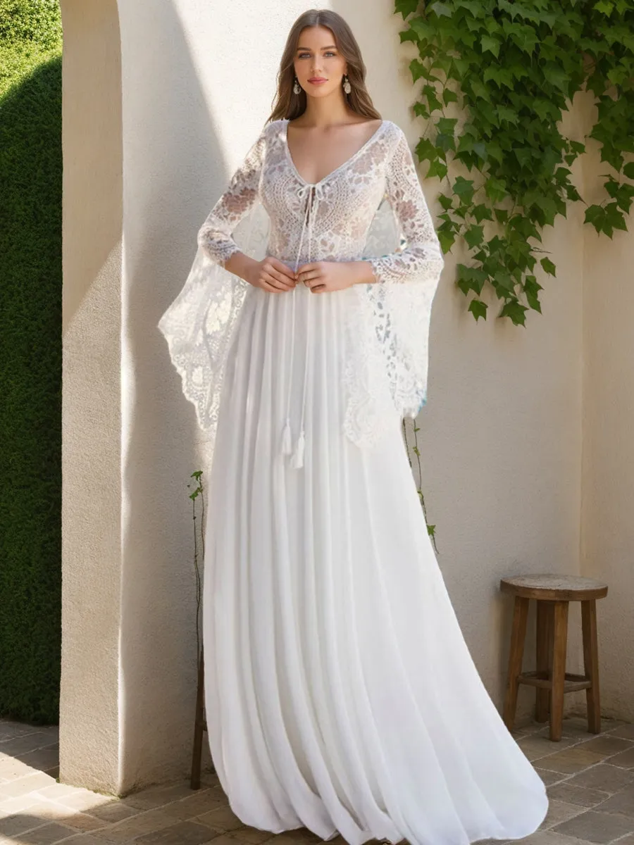 A-Line/Princess V-Neck Flare Sleeves Lace Wedding Dresses sold by Lavetir