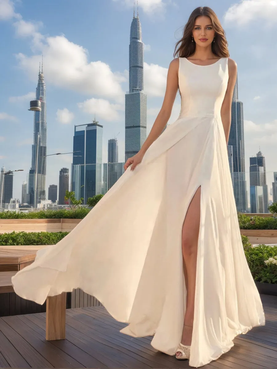 A-Line/Princess Scoop Sleeveless Split Side Wedding Dresses sold by Lavetir
