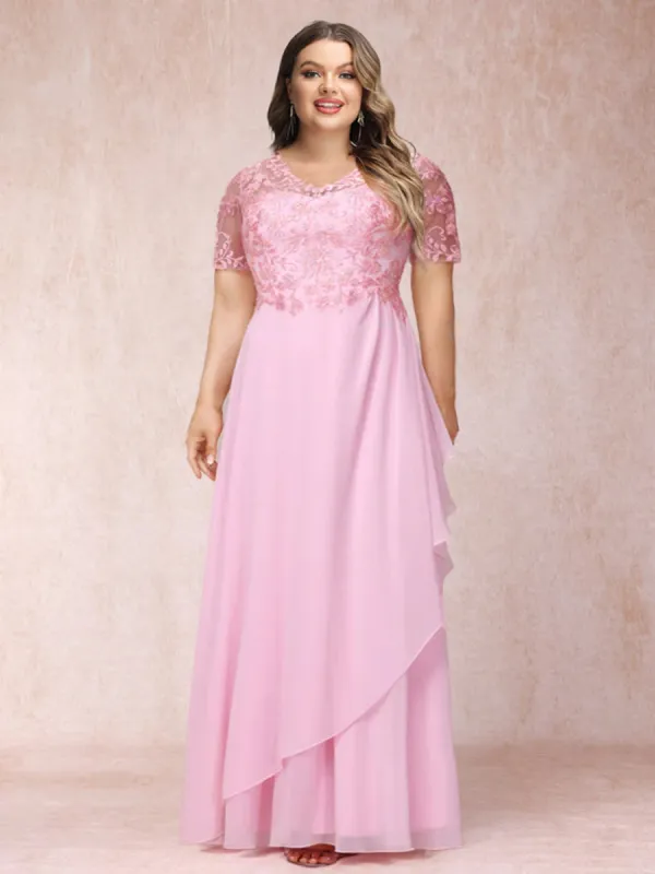 A-Line/Princess V-Neck Short Sleeves Long Formal Plus Size Evening Dresses with Appliques sold by Lavetir