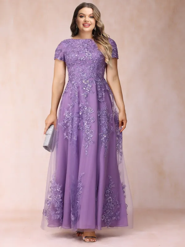 A-Line/Princess Sheer Neck Short Sleeves Long Formal Plus Size Evening Dresses with Appliques sold by Lavetir