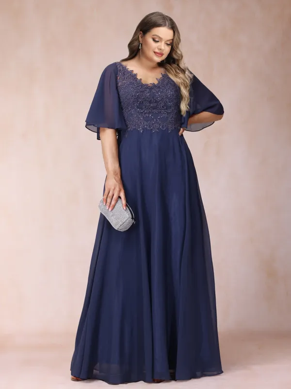 A-Line/Princess V-Neck Half Sleeves Long Formal Plus Size Evening Dresses with Beading & Appliques sold by Lavetir