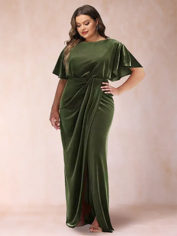 Sheath/Column Scoop Short Sleeves Plus Size Evening Dresses with Split Side & Ruffles sold by Lavetir