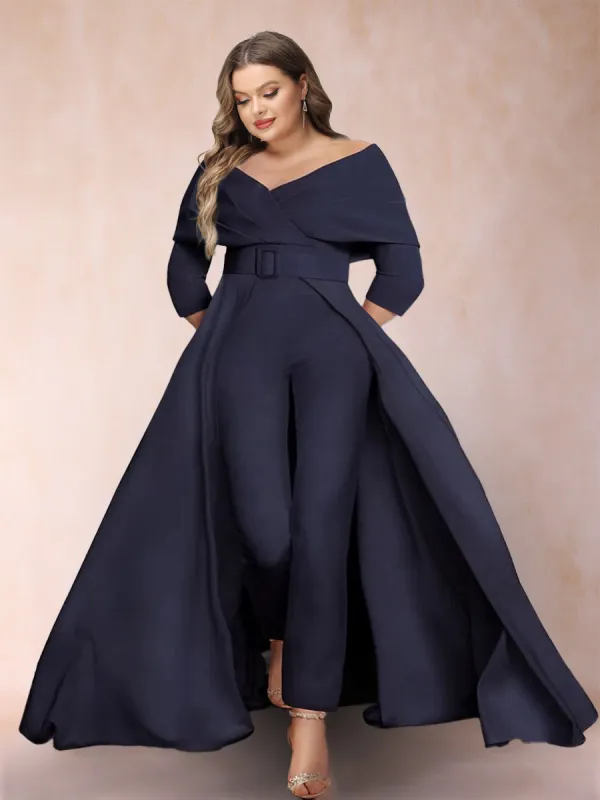 A-Line/Princess V-Neck 3/4 Sleeves Plus Size Pantsuits with Belt sold by Lavetir