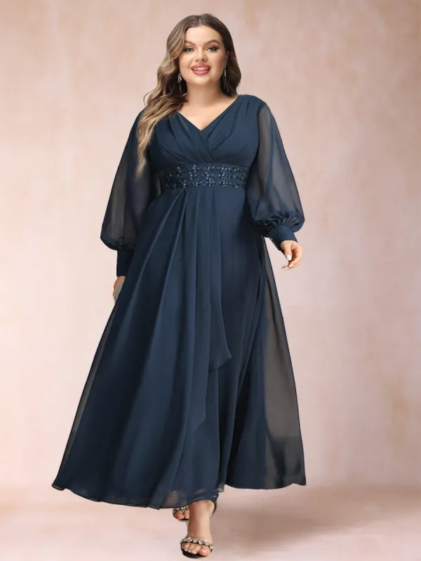 A-Line/Princess V-Neck Long Sleeves Plus Size Mother of the Bride Dresses with Rhinestone & Ruffles sold by Lavetir