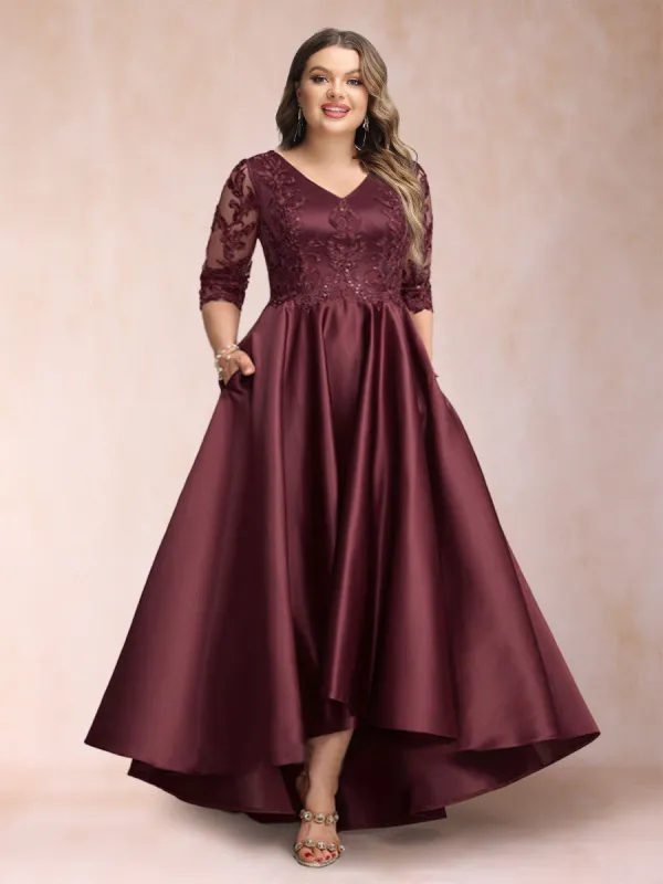 A-Line/Princess V-Neck 3/4 Sleeves Asymmetrical Plus Size Mother of the Bride Dresses with Appliques sold by Lavetir