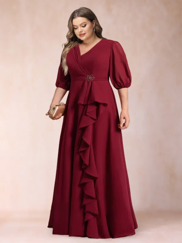A-Line/Princess V-Neck 3/4 Sleeves Plus Size Mother of the Bride Dresses with Ruffles sold by Lavetir