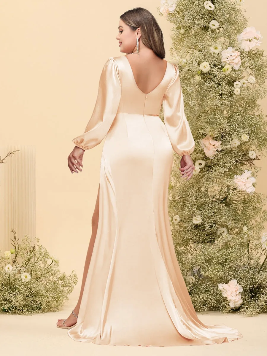 Sheath/Column V-Neck Long Sleeves Formal Plus Size Dresses with Split Side & Ruched sold by Lavetir product image thumbnail 2