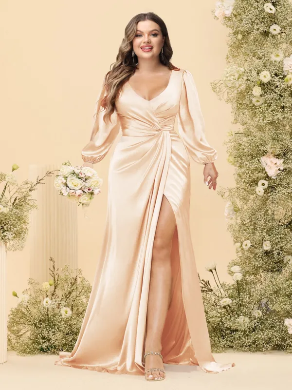 Sheath/Column V-Neck Long Sleeves Formal Plus Size Dresses with Split Side & Ruched sold by Lavetir