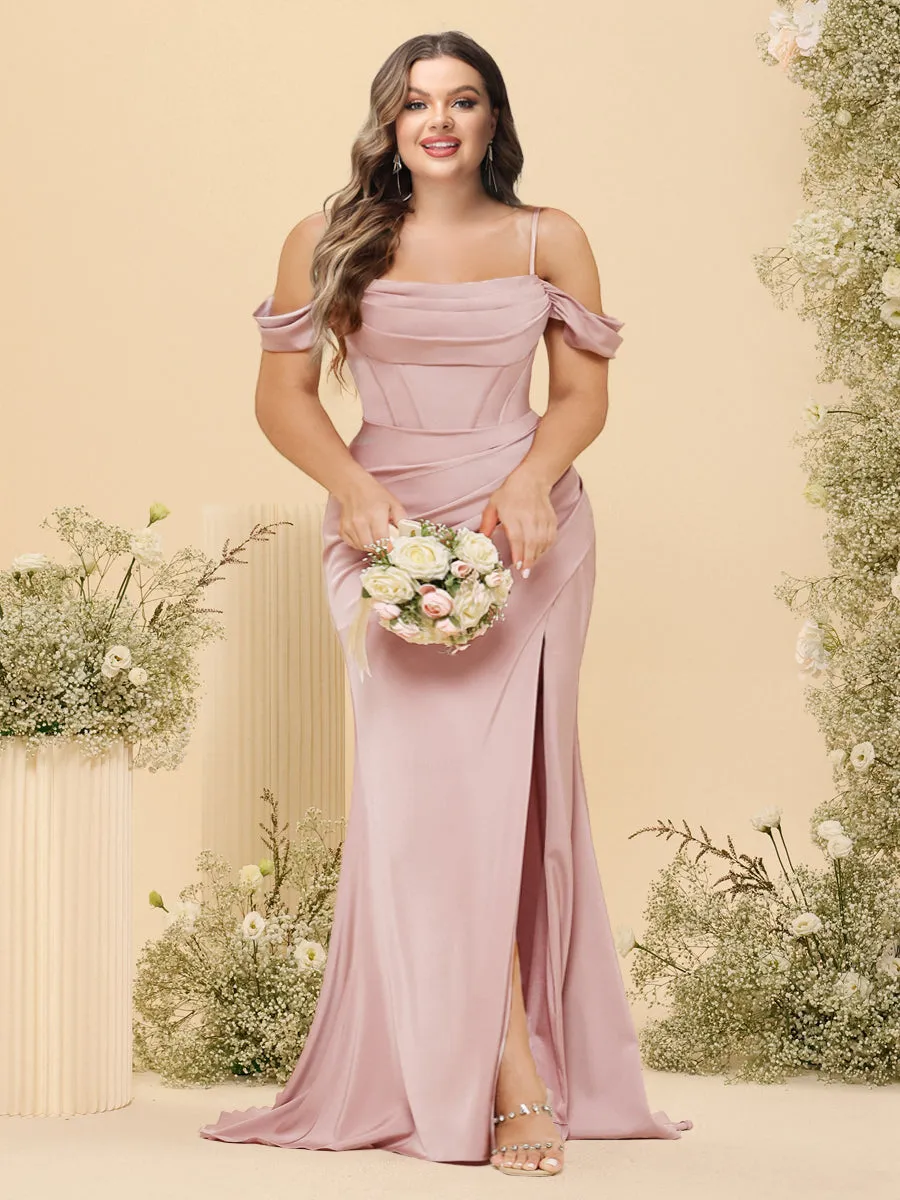 Sheath/Column Off-the-Shoulder Spaghetti Straps Long Formal Plus Size Dresses with Split Side sold by Lavetir