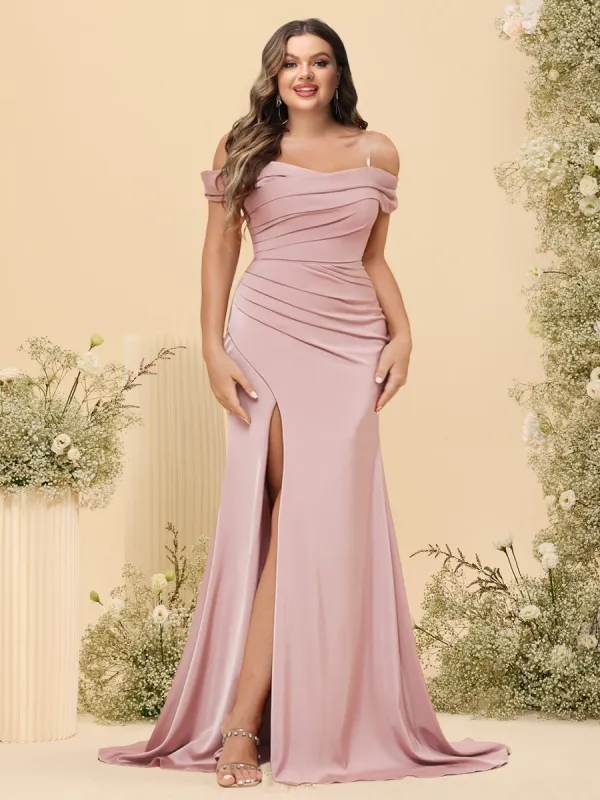 Sheath/Column Off-the-Shoulder Long Formal Plus Size Dresses with Split Side & Ruched sold by Lavetir