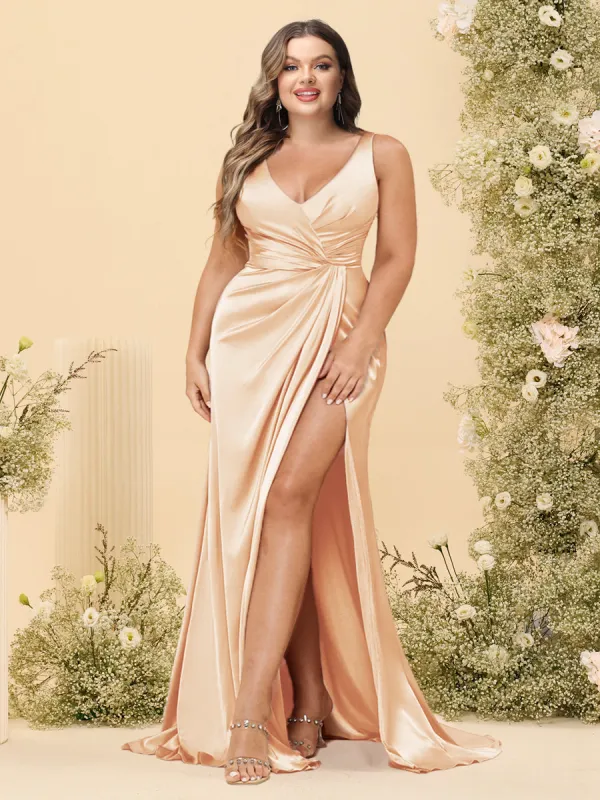 Sheath/Column V-Neck Long Formal Plus Size Dresses with Split Side & Ruched sold by Lavetir