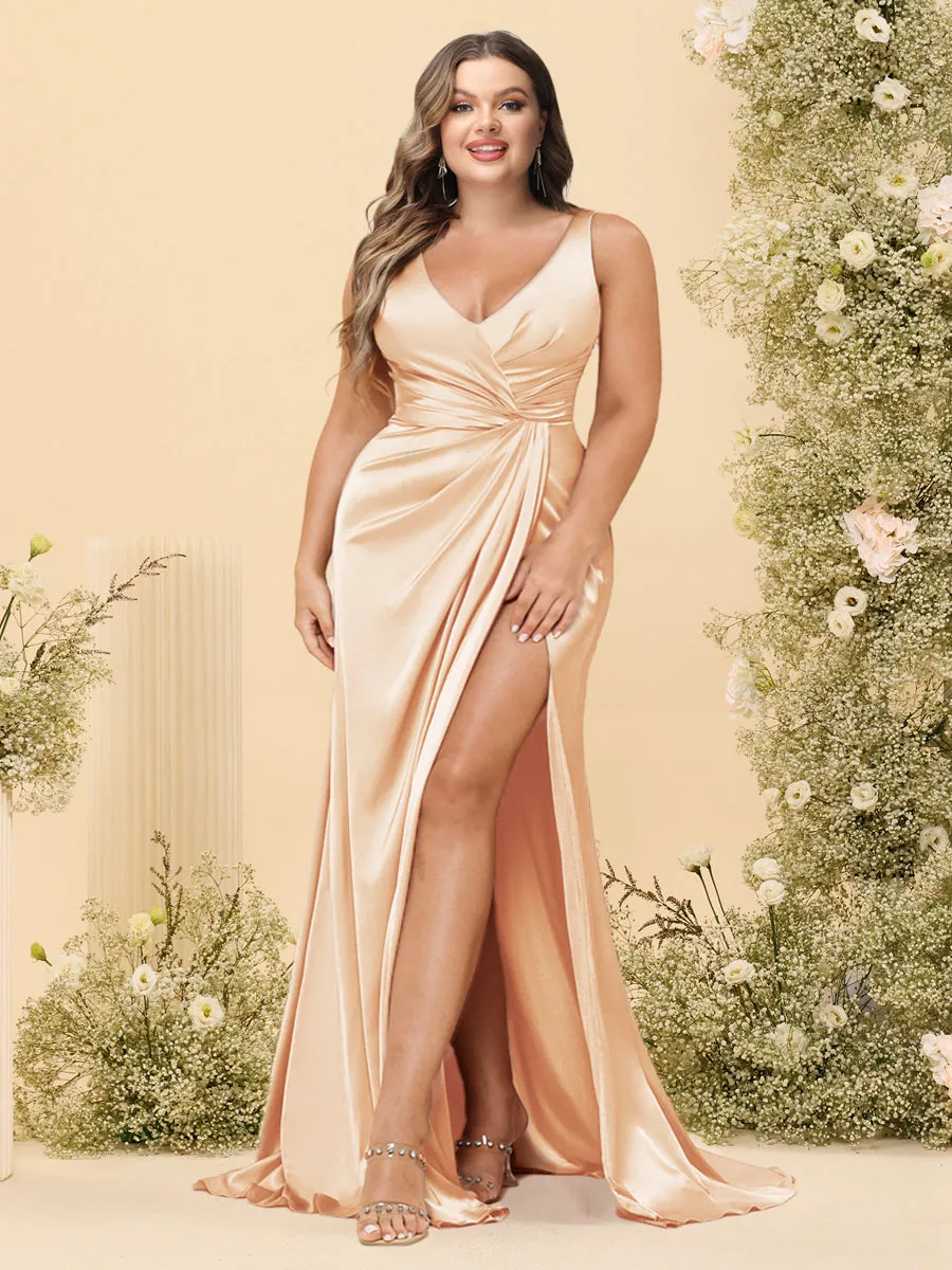 Sheath/Column V-Neck Long Formal Plus Size Dresses with Split Side & Ruched sold by Lavetir