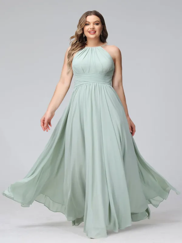 A-Line Halter Sleeveless Ruched Floor-Length Chiffon Plus Size Bridesmaid Dresses sold by Lavetir