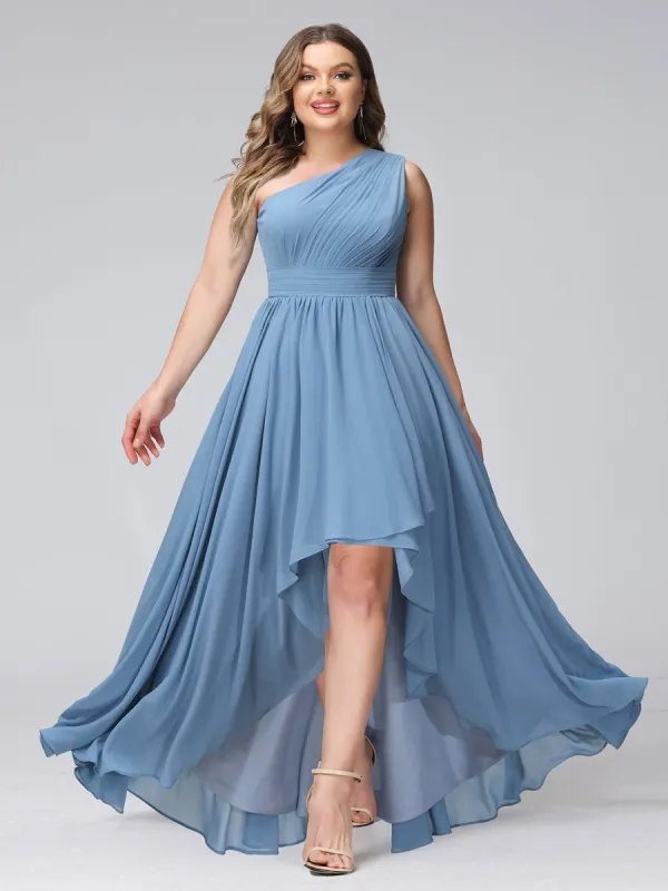 A-Line One-Shoulder Sleeveless Chiffon High Low Plus Size Bridesmaid Dresses with Pockets sold by Lavetir