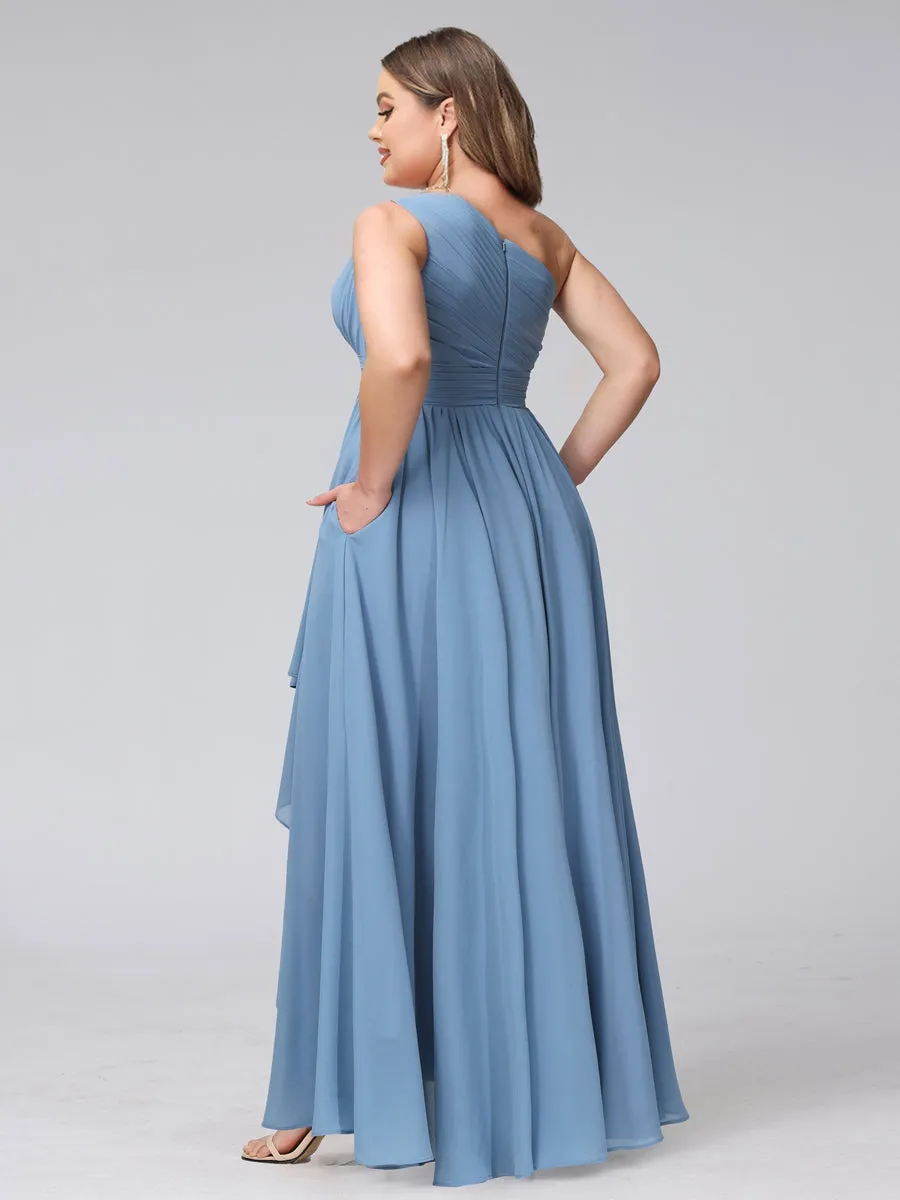 A-Line One-Shoulder Sleeveless Chiffon High Low Plus Size Bridesmaid Dresses with Pockets sold by Lavetir product image thumbnail 2