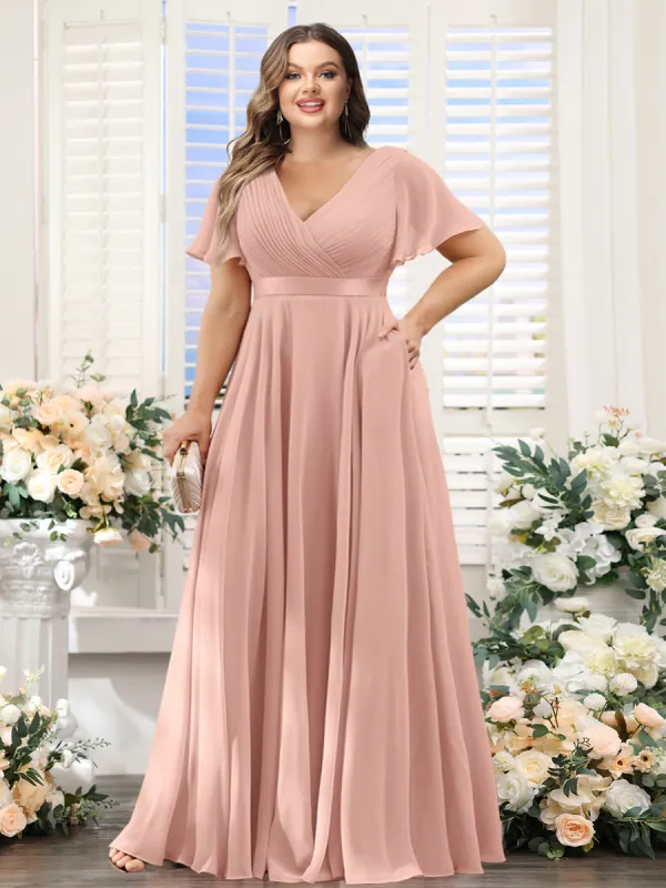 A-Line V-Neck Short Sleeves Chiffon Plus Size Bridesmaid Dresses with Pockets sold by Lavetir