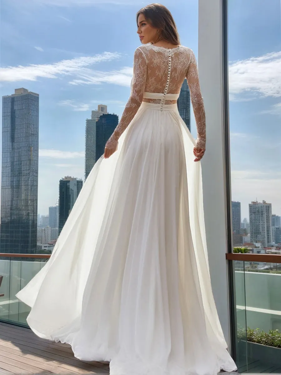 A-Line/Princess Plunging V-Neck Long Sleeves Lace Wedding Dresses sold by Lavetir product image thumbnail 2