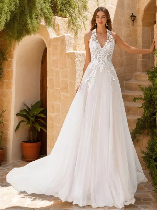 A-Line/Princess Halter Sleeveless Lace Wedding Dresses sold by Lavetir