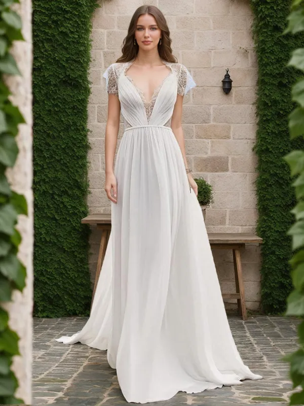 A-Line/Princess V-Neck Short Sleeves Lace Wedding Dresses sold by Lavetir