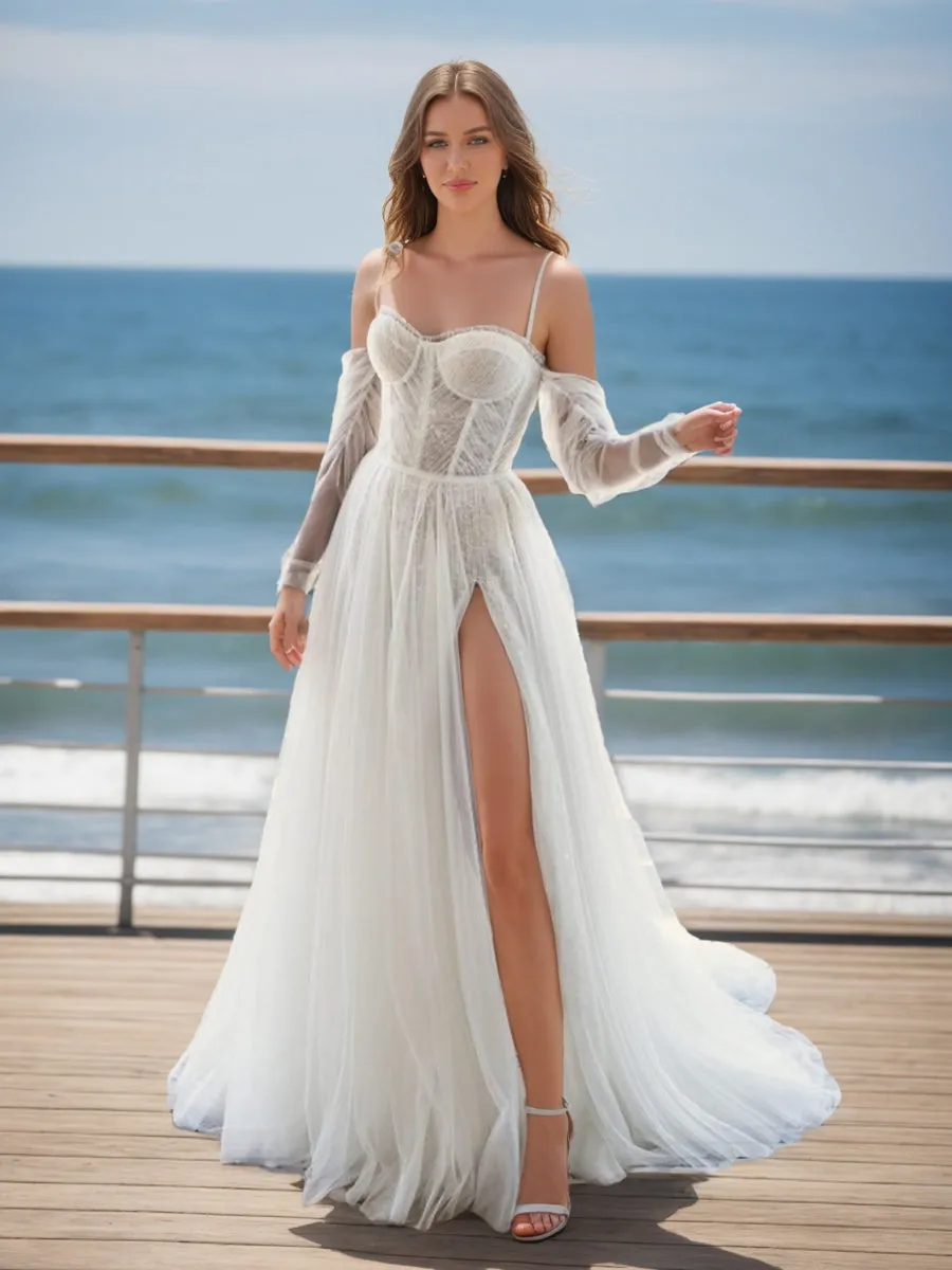 A-Line/Princess Strapless Long Sleeves Split Side Wedding Dresses sold by Lavetir