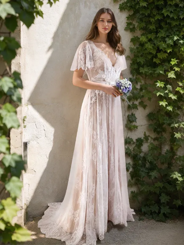 A-Line/Princess V-Neck Short Sleeves Ruched Wedding Dresses sold by Lavetir