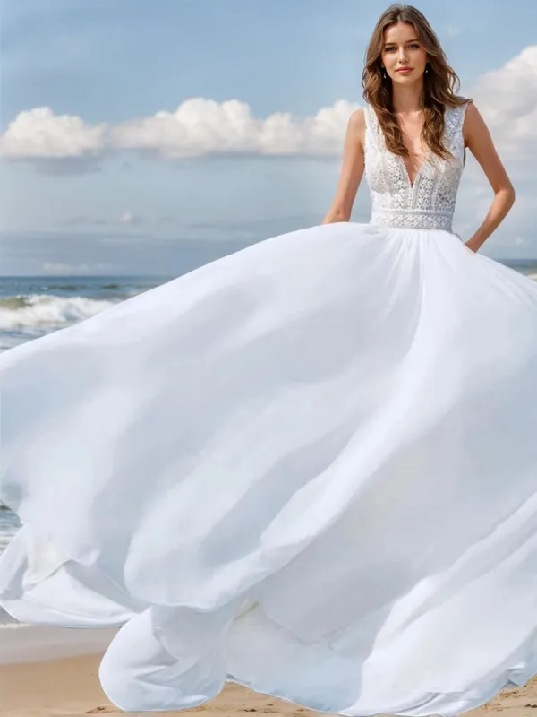 A-Line/Princess V-Neck Sleeveless Lace Wedding Dresses sold by Lavetir